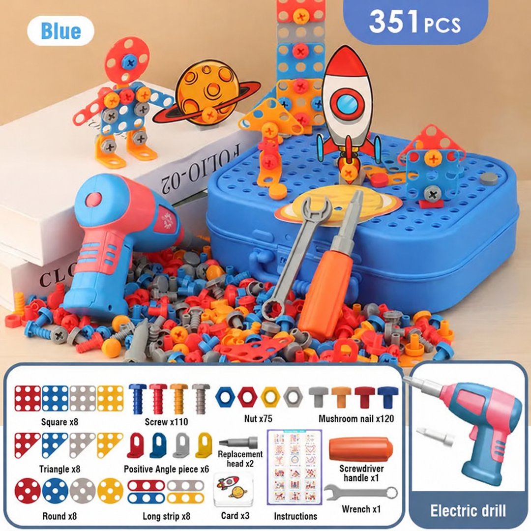 Blue 351-piece construction set with rocket and figure builds, toy drill, and hand tools