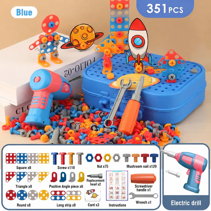 Blue 351-piece construction set with rocket and figure builds, toy drill, and hand tools
