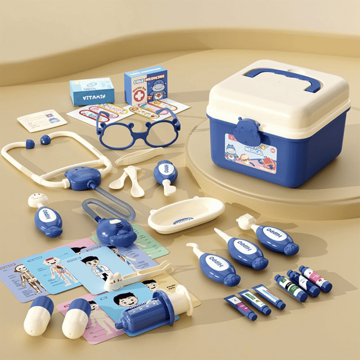 37-piece blue toy doctor set with a rectangular storage case and assorted pretend medical tools