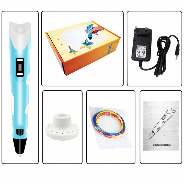 Blue 3D drawing pen kit with power adapter, holder, filament, manual and box