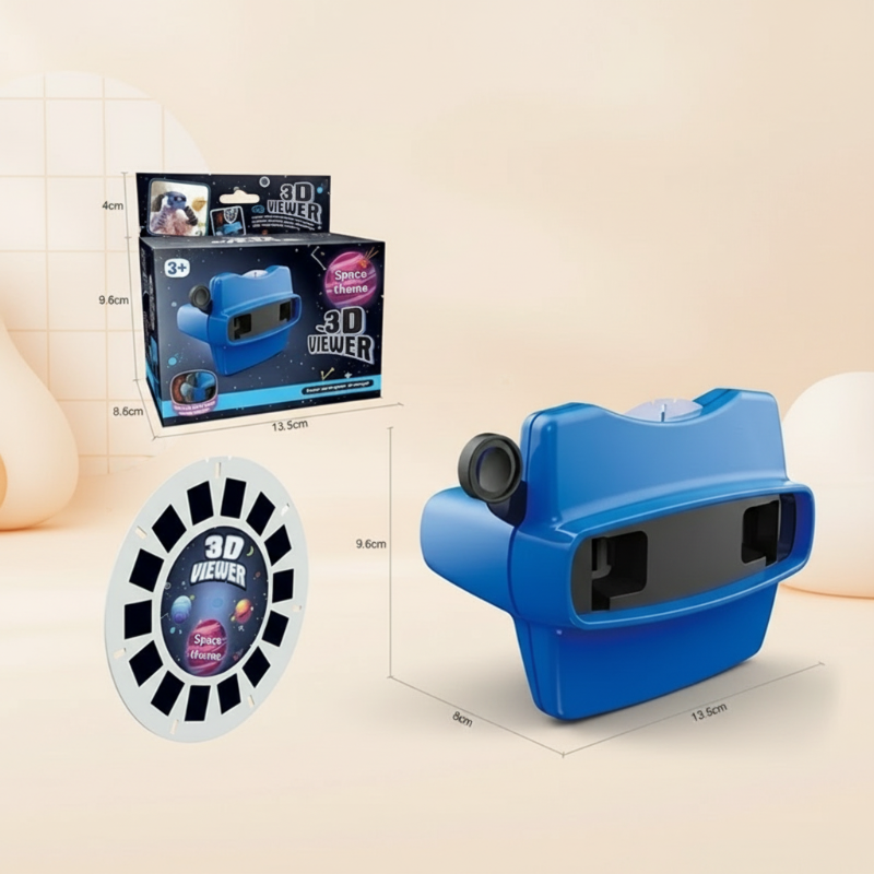 Blue 3D viewer with a picture reel, retail box, and measurement guides