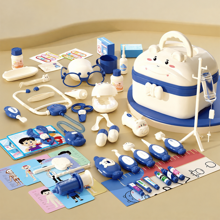 58-piece blue toy doctor set with an animal-face storage case and pretend checkup accessories