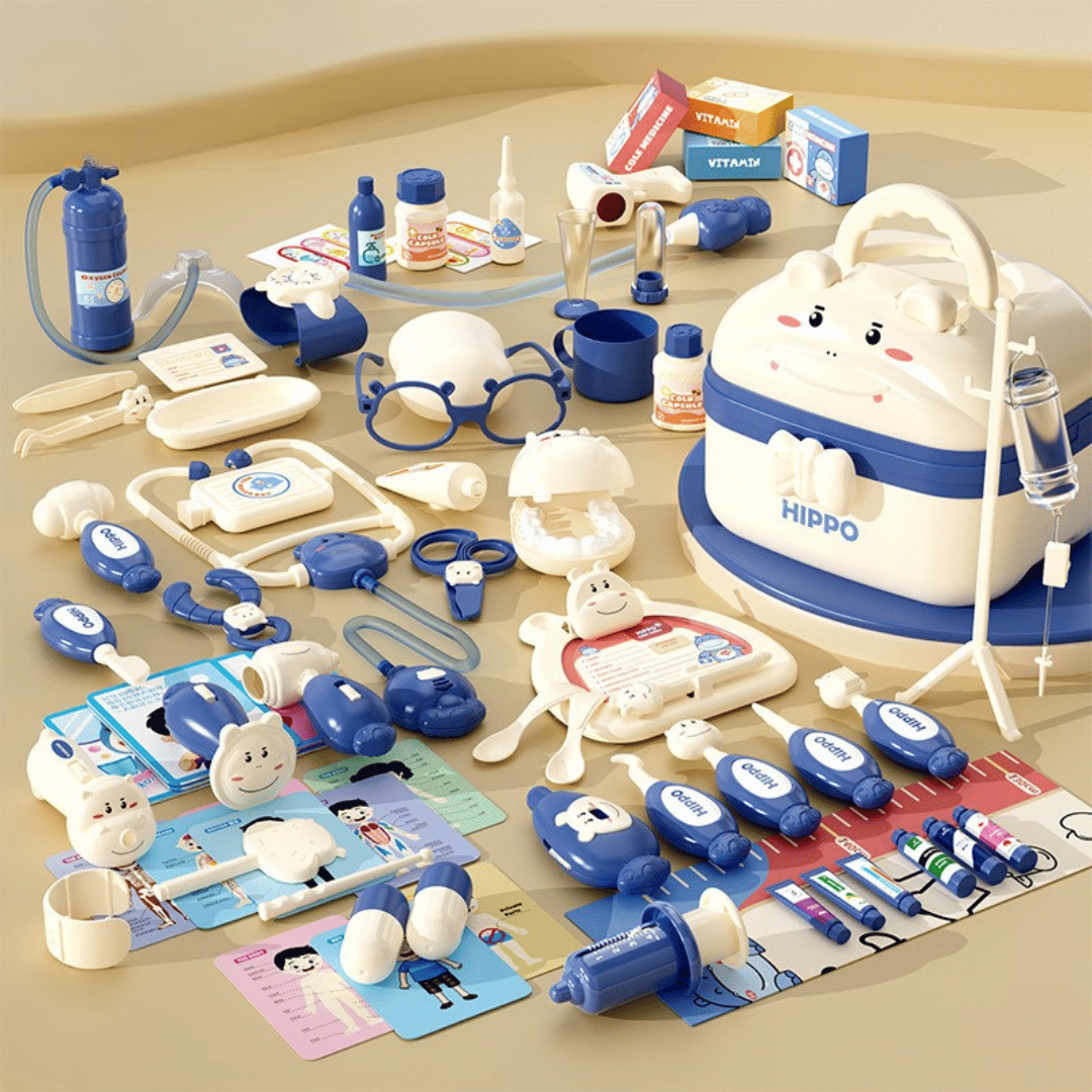 72-piece blue toy doctor set with an animal-face storage case and pretend medical accessories