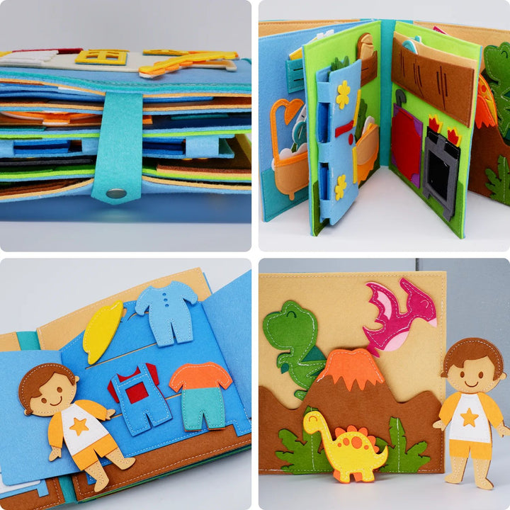 Blue activity book details showing layered fabric pages, clothing pieces, and a dinosaur scene