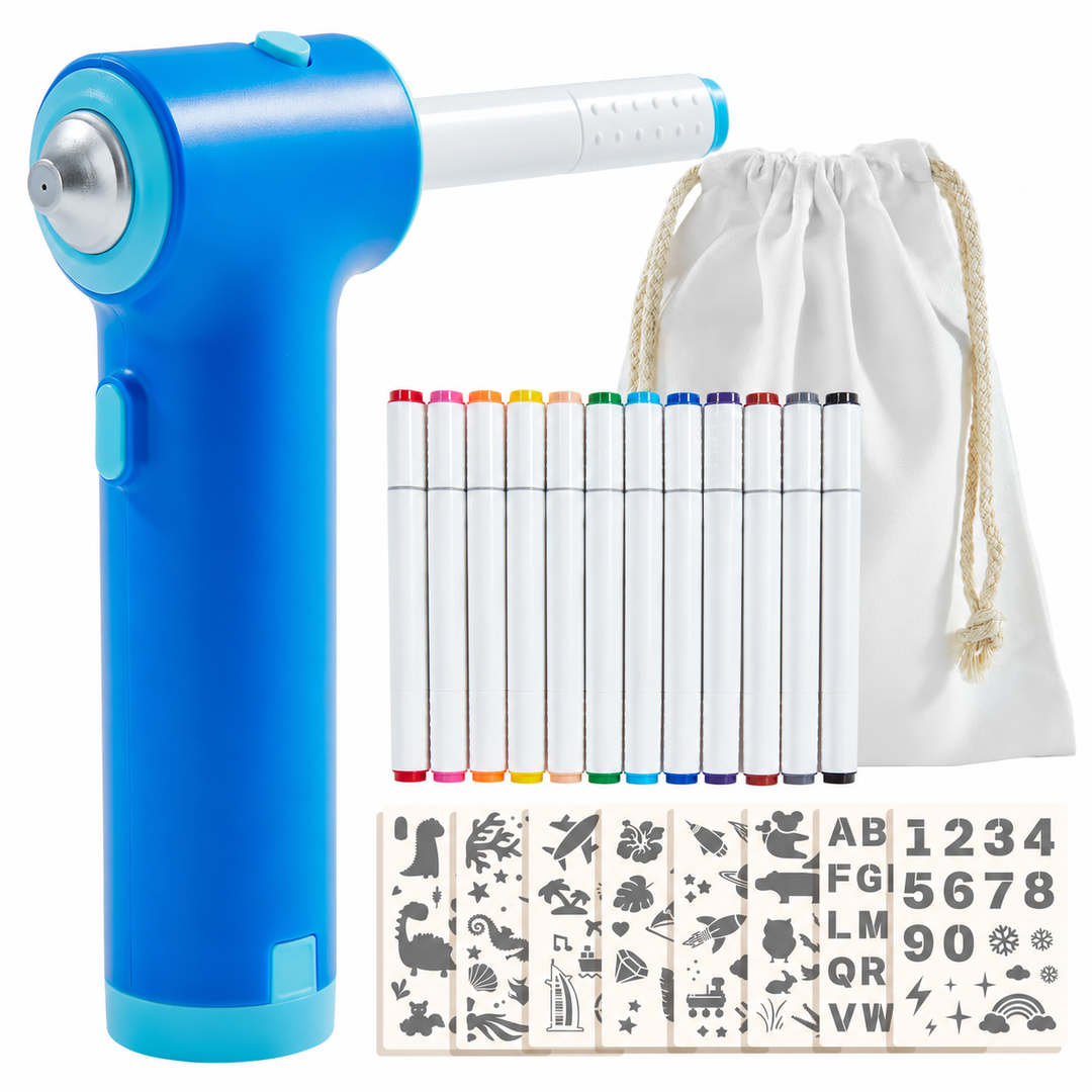 Blue airbrush drawing set with markers, animal and letter stencils, and a drawstring bag