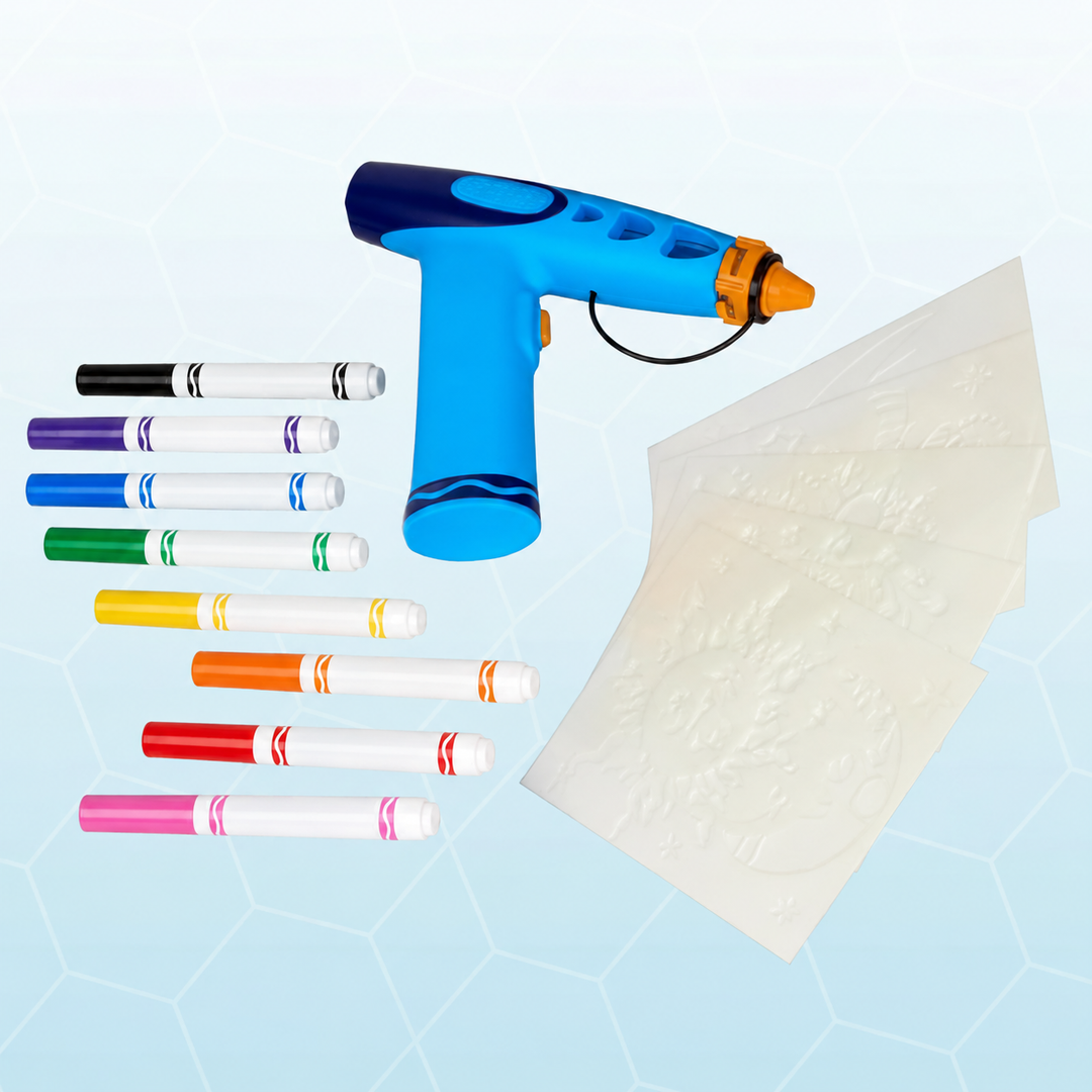 Blue marker airbrush with eight colored markers and reusable stencil sheets