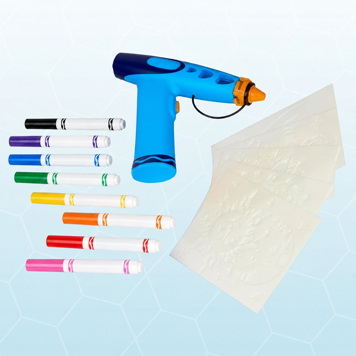 Blue marker airbrush with eight colored markers and reusable stencil sheets