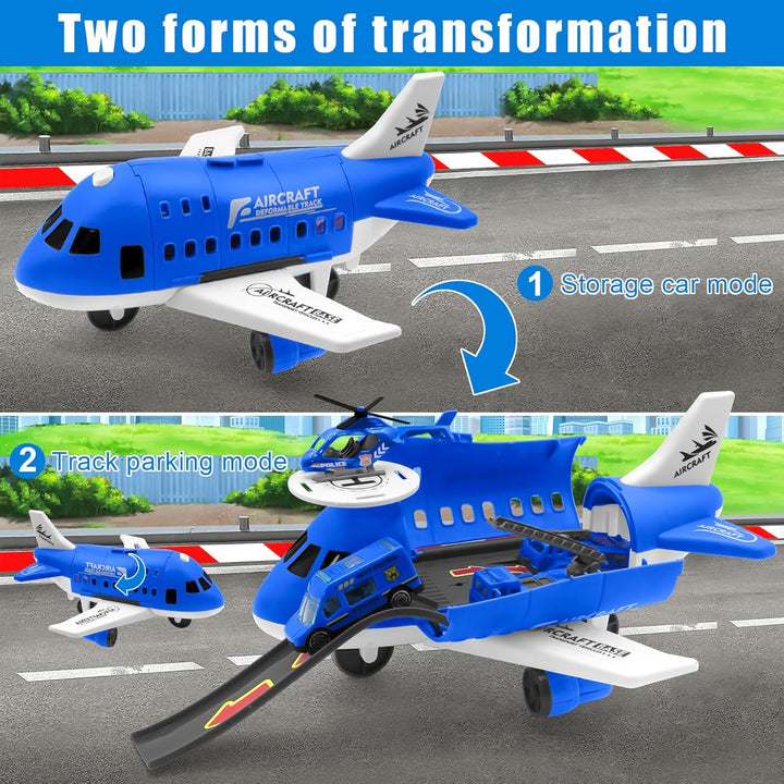 Blue airplane play set shown closed for vehicle storage and open as a parking area