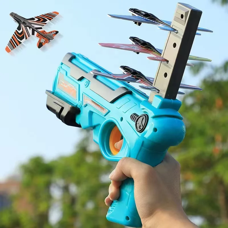 Blue airplane launcher with foam planes on its vertical loading rack