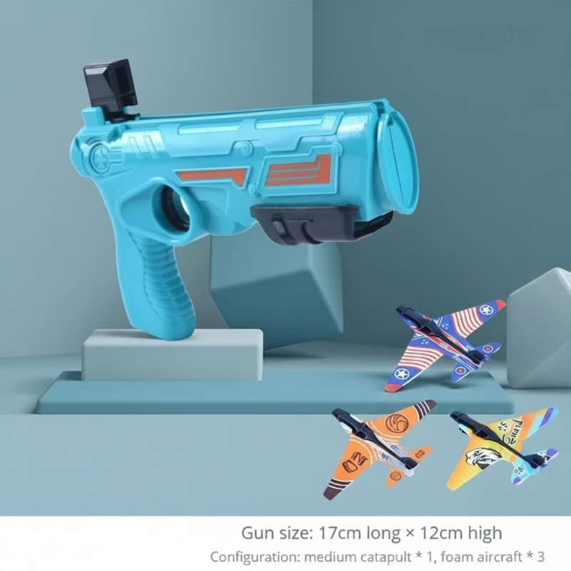 Blue airplane launcher displayed with three colorful foam planes
