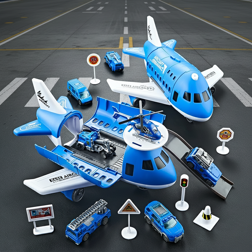Blue airplane play set in open and closed configurations with vehicles, a helicopter, and road signs