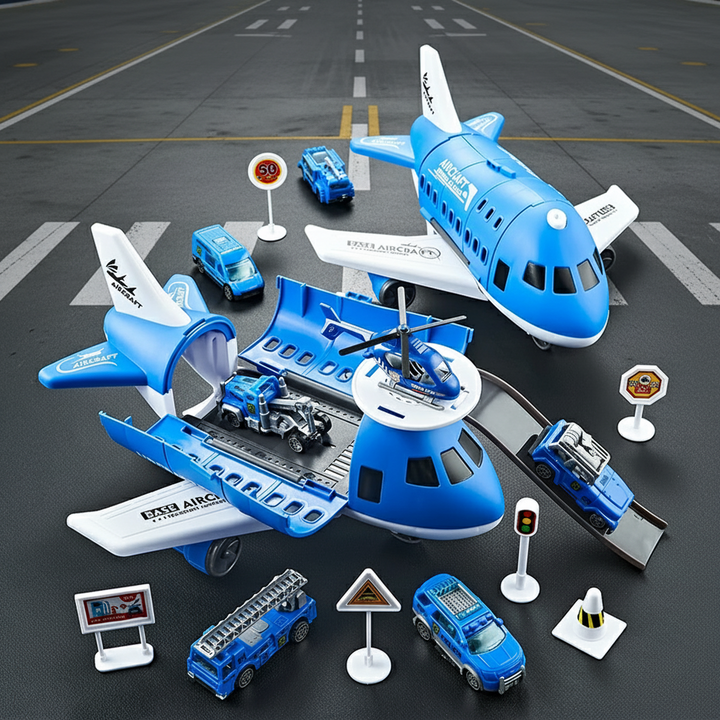 Blue airplane play set in open and closed configurations with vehicles, a helicopter, and road signs