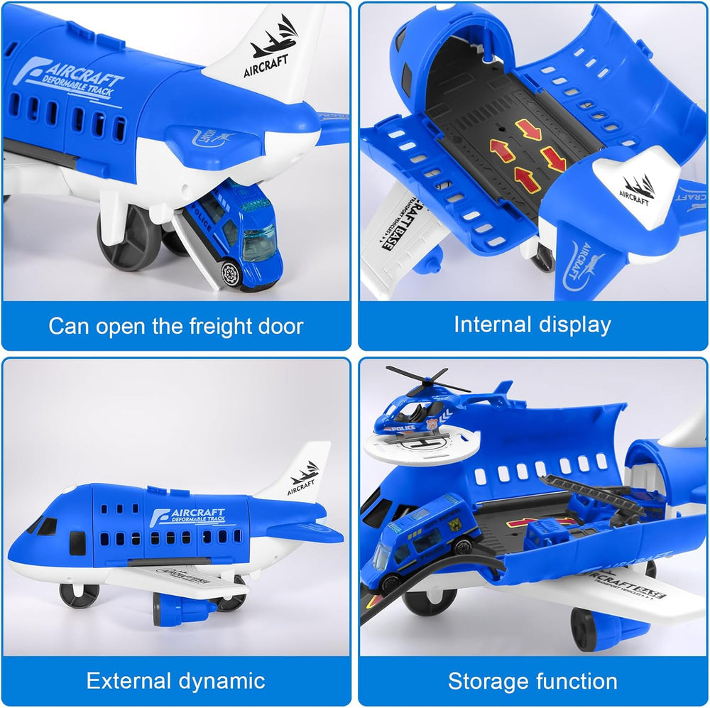 Blue toy airplane with an opening body, fold-down ramp, and vehicle storage area
