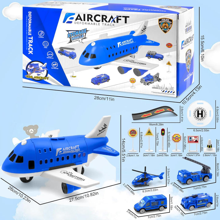 Blue airplane play set packaging with product measurements and an illustrated accessory layout