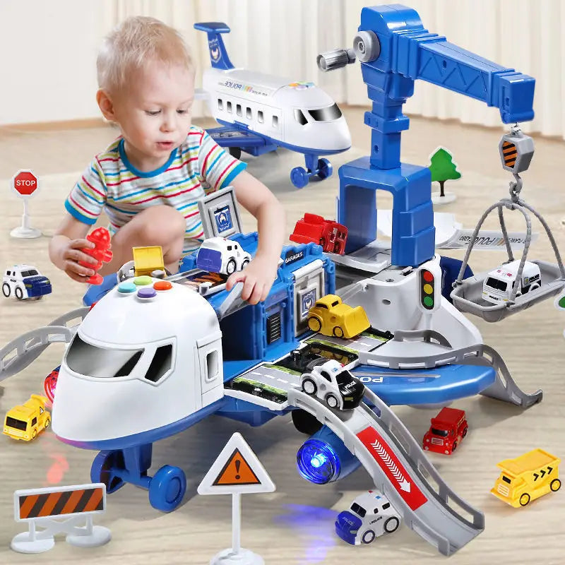Blue airplane playset with cars on the ramps and a child playing beside the crane.