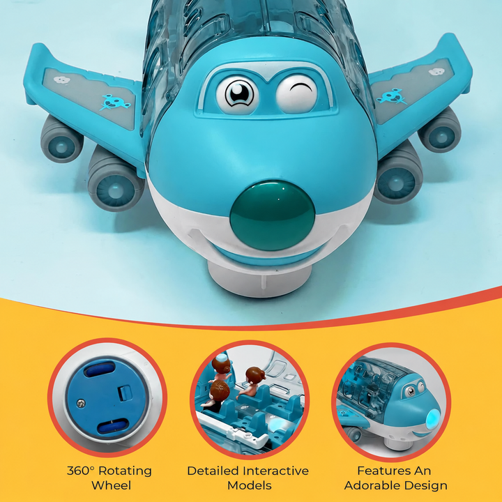 Blue airplane front view with rotating wheel and passenger detail insets