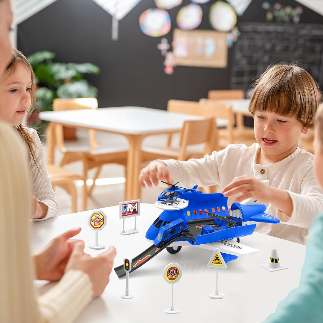 Blue airport play set arranged on a table for shared pretend play