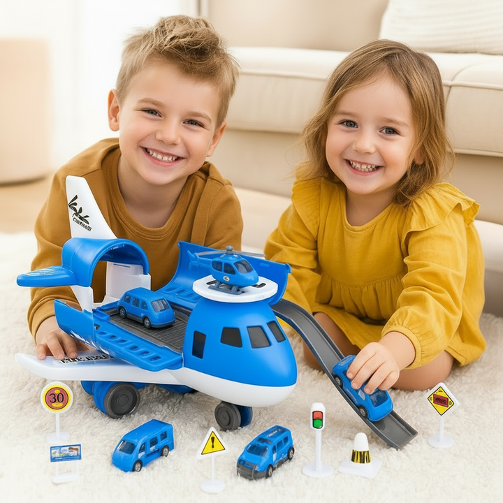 Two children playing with a blue airport airplane set, mini vehicles, a helicopter, and road signs