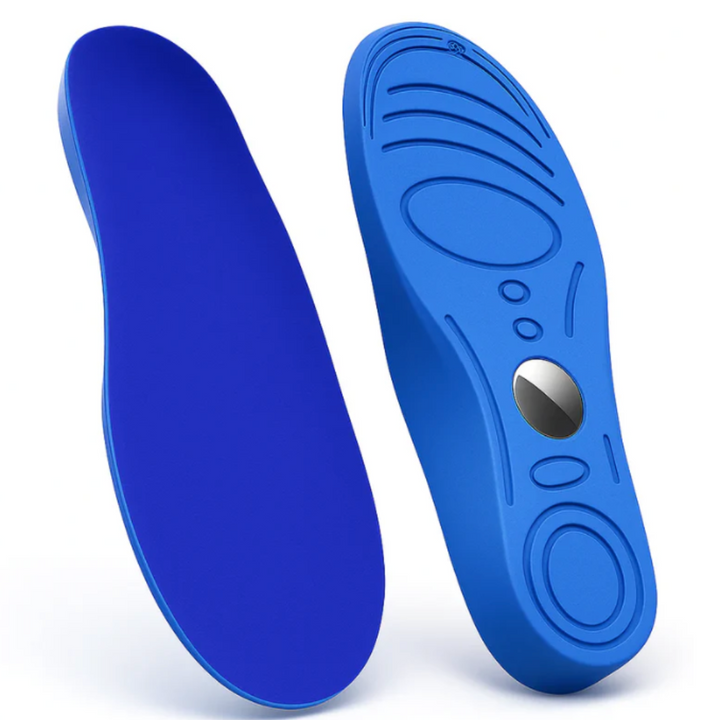 Blue AirTag insole shown from above and below, with a tracker in the built-in arch holder
