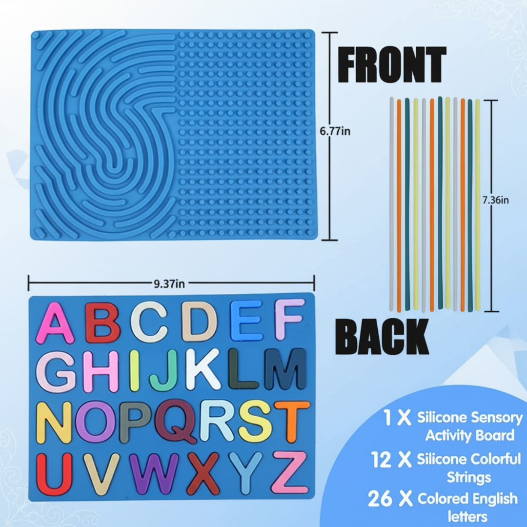 Blue activity board showing both sides, dimensions, 12 silicone strings, and 26 letters