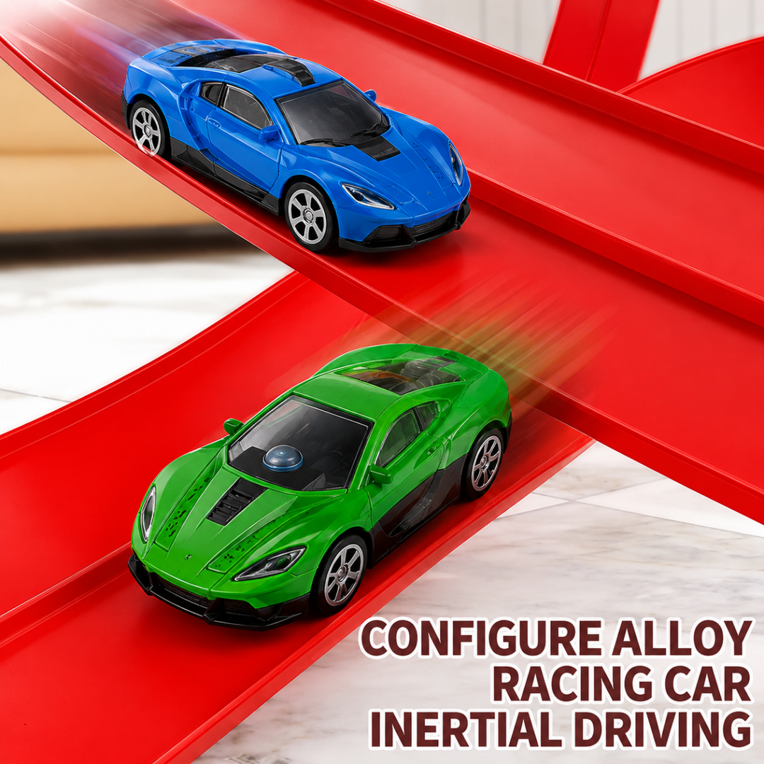 Close-up of blue and green mini race cars on red track sections.