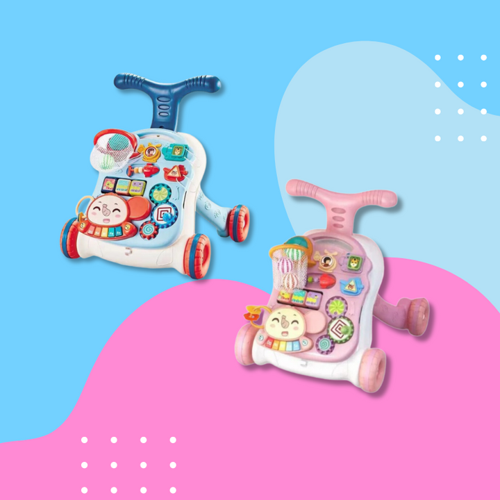 Blue and pink baby walkers with colorful activity panels and mini basketball hoops