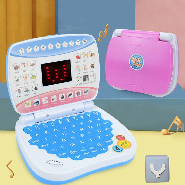 Blue learning laptop open beside a closed pink version, with letter keys and a red LED display