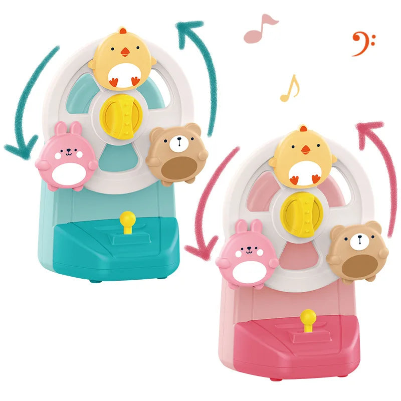 Blue and pink animal music boxes with rotation arrows and musical-note graphics