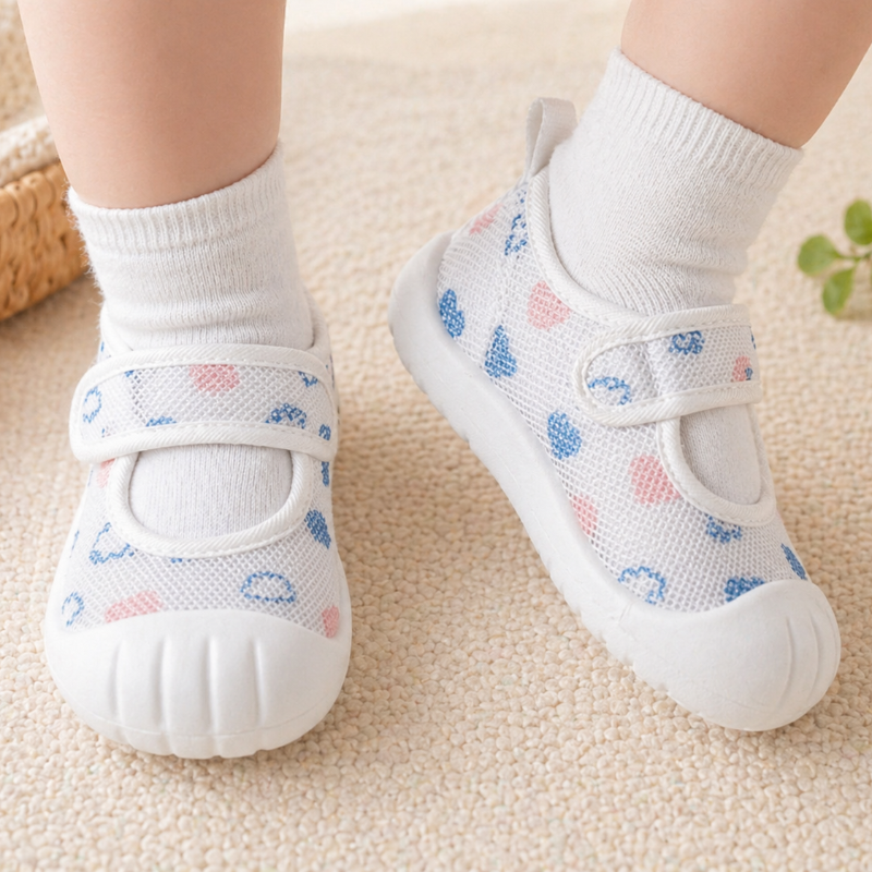 Blue and pink patterned strap shoes with white toe caps worn over white socks.