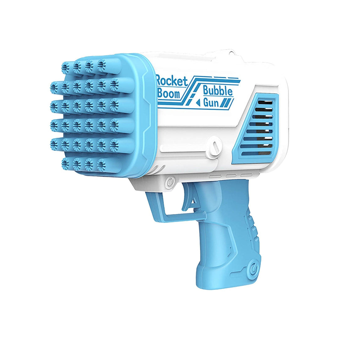 Blue and white bubble gun showing rows of bubble holes and a trigger handle