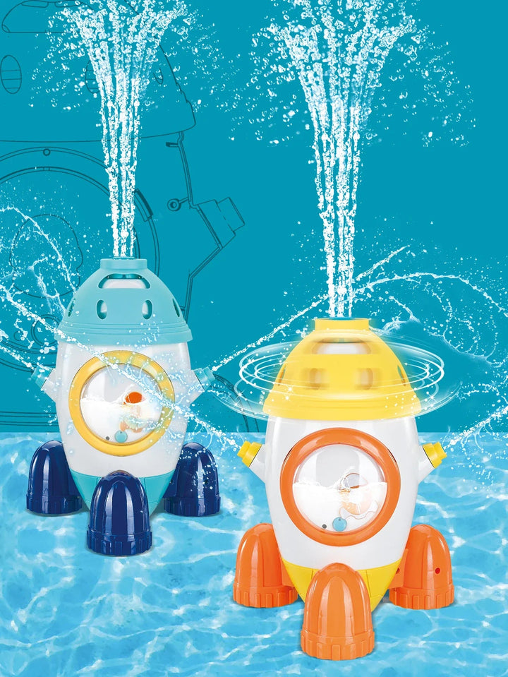 Blue and yellow rocket sprinklers spraying water upward and outward