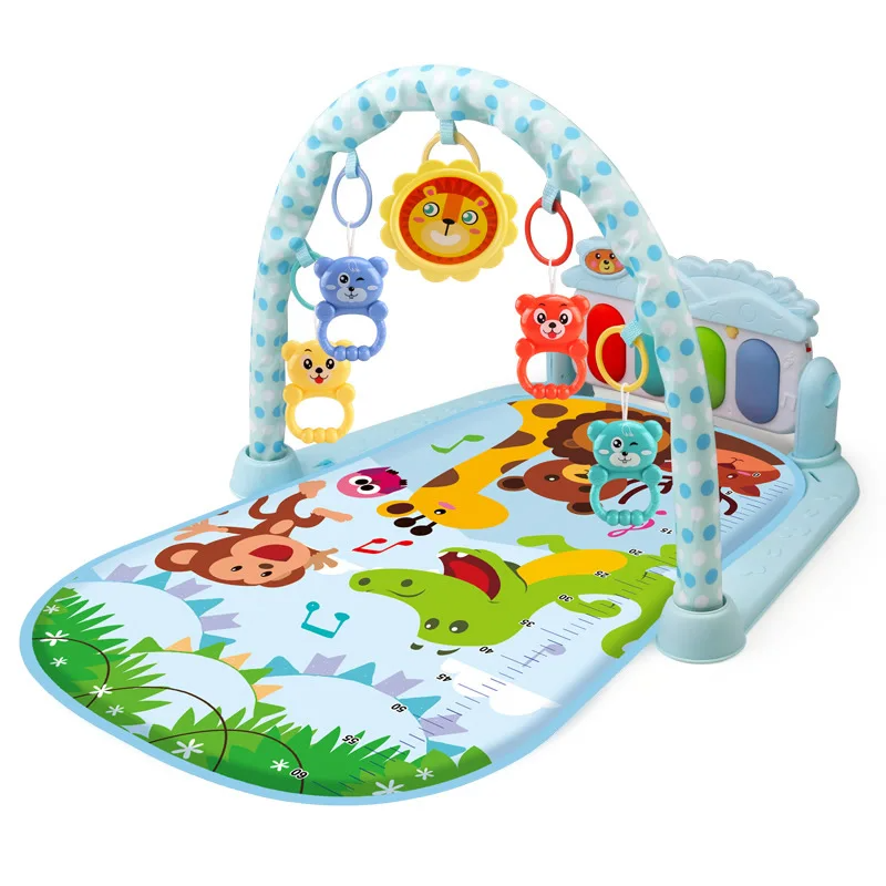 Blue animal-print baby gym with a dotted arch and hanging lion toy