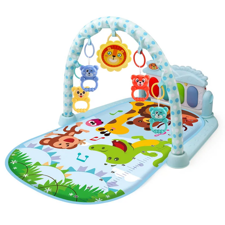 Blue animal-print baby gym with a dotted arch and hanging lion toy