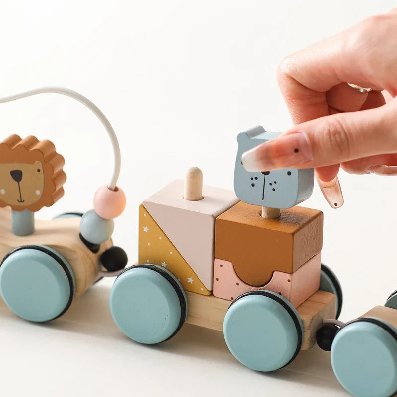 Hand placing a blue animal block on the wooden train&