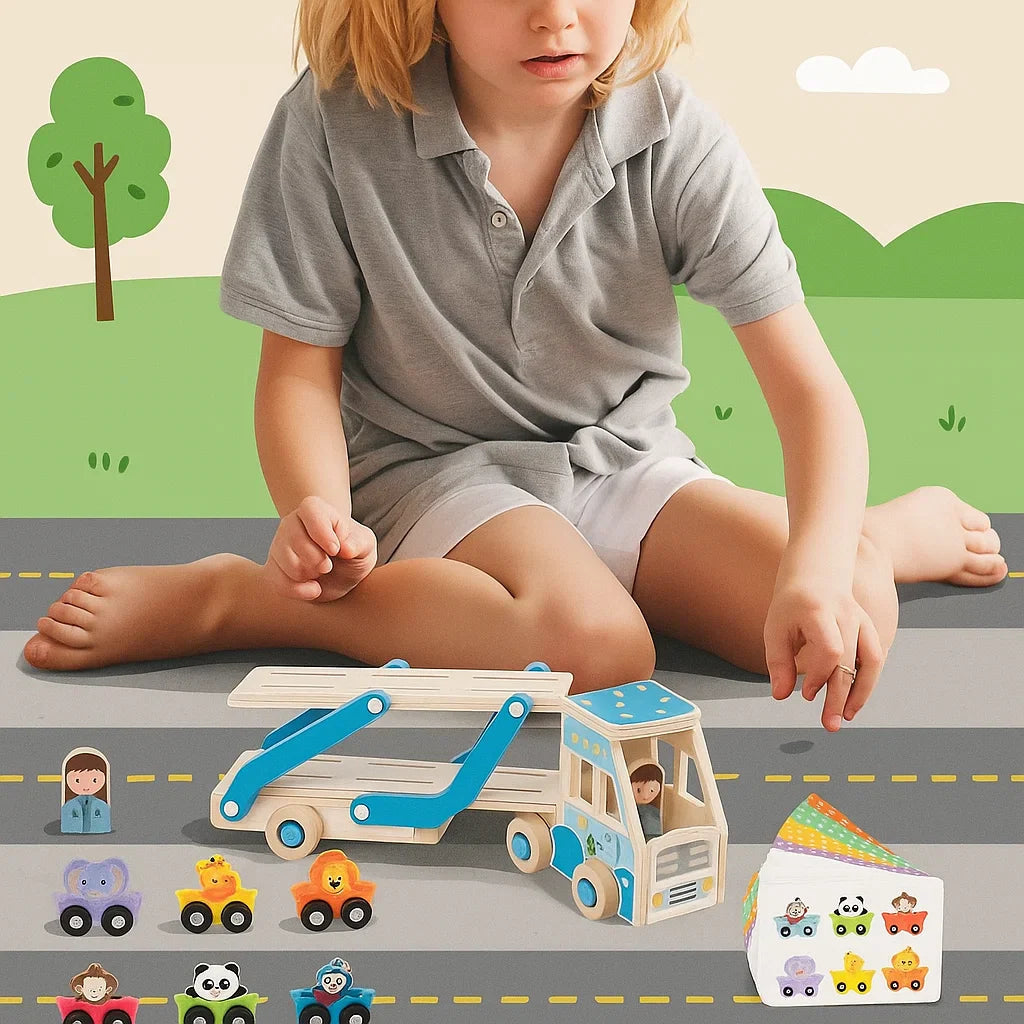 Child playing with a blue wooden carrier truck and animal vehicles on a road-patterned mat.