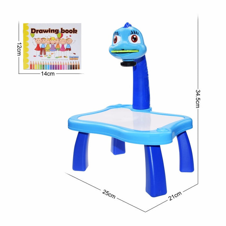 Blue animal drawing projector with table measurements and a 14 x 12 cm drawing book
