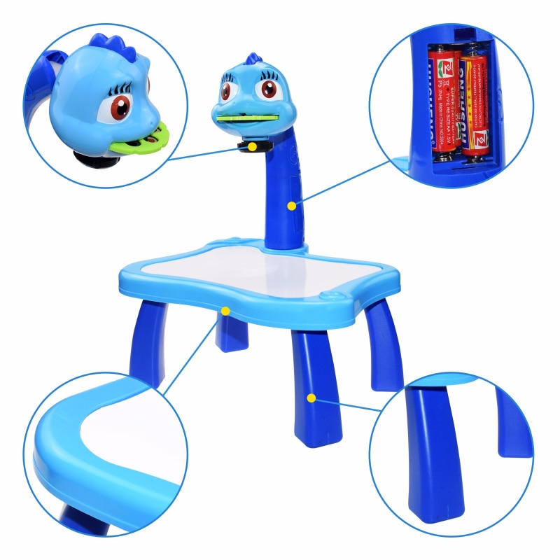 Blue animal drawing projector with close-ups of its head, battery compartment, tabletop and legs