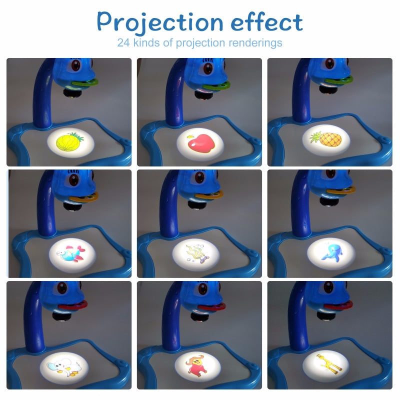 Blue animal drawing projector showing a selection of projected food and animal pictures