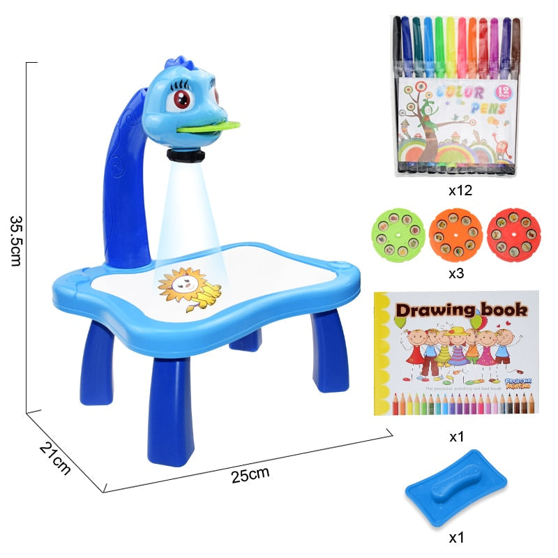 Blue animal drawing projector with measurements, three picture discs, coloring supplies and drawing book
