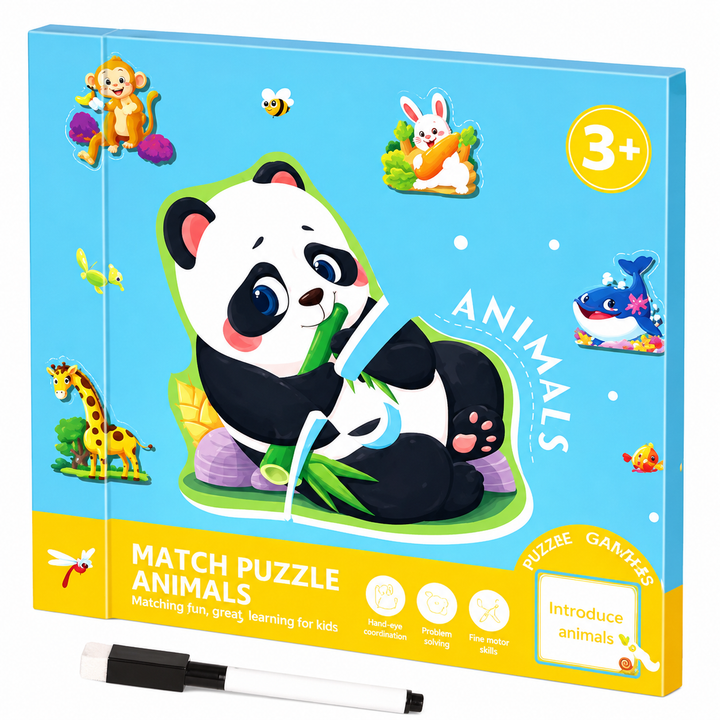 Blue Animals puzzle book with a panda on the cover and a drawing pen below.