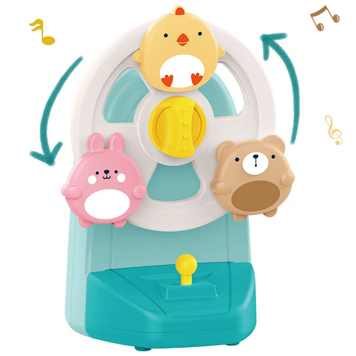 Blue music box with a spinning wheel and chick, bunny, and bear figures