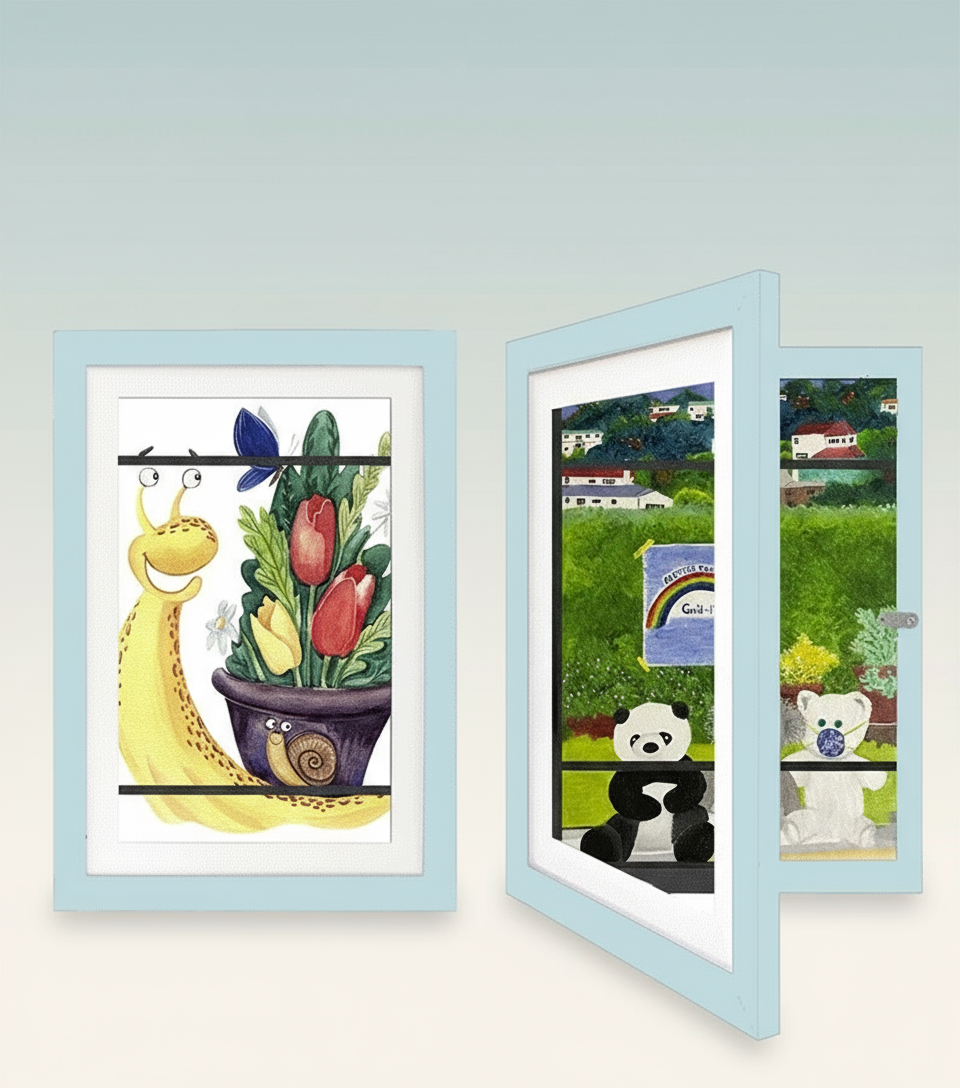 Blue art frame shown closed and open with colorful drawings inside