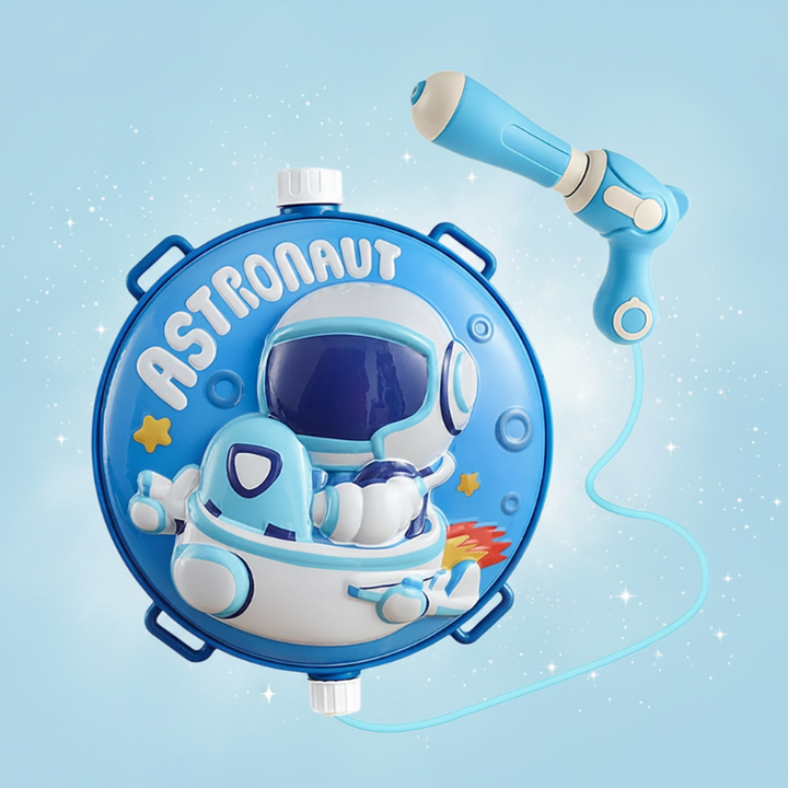 Blue astronaut backpack water tank with matching blue water gun and hose