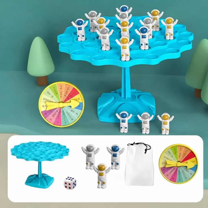 Blue astronaut balance game with figures, a die, a spinner, and a drawstring storage bag
