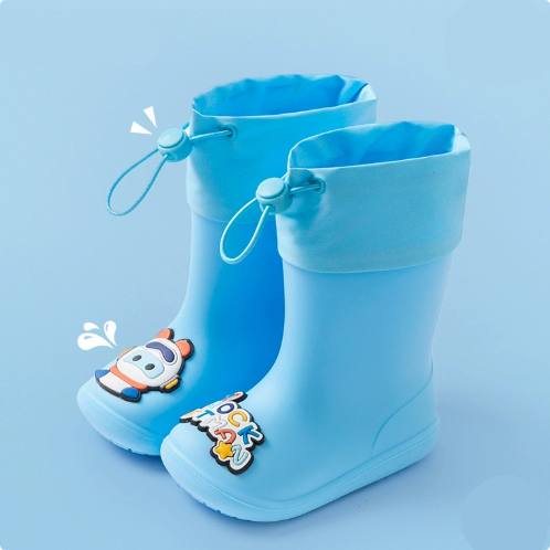 Blue rain boots with astronaut decorations and matching drawstring cuffs