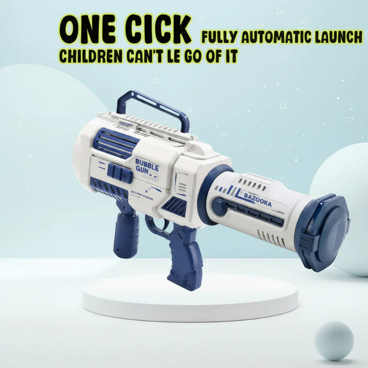 Blue and white automatic bubble gun with a top carry handle and two grips