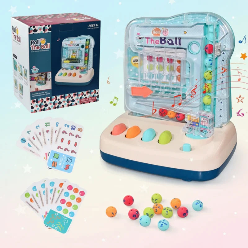 Blue automatic math track game with its box, activity cards, and numbered balls