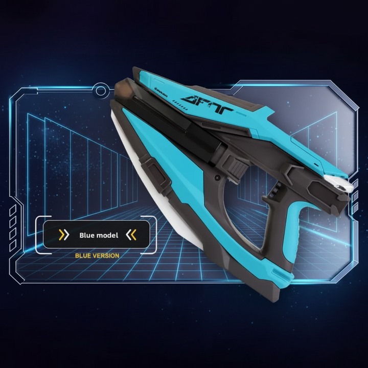 Blue and black automatic water blaster on a blue geometric background