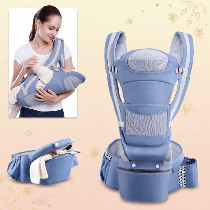 Blue baby carrier shown assembled, with open hip seat storage and an inset carrying demonstration