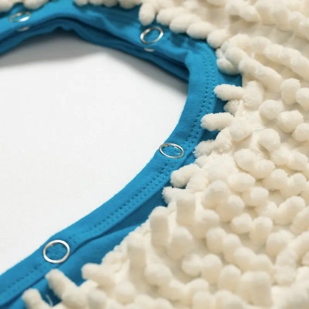 Leg-opening snaps beside white cleaning fibers on a blue baby jumpsuit